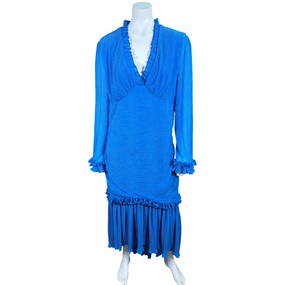 OYROSY Blue‎ Pleated Ruffle V-Neck Maxi Dress Long Sleeve Plus Size 2XL NEW